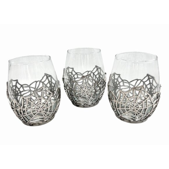 NWT SET OF 3 LARGE SILVER METAL SPIDERWEB STEMLESS WINE WATER GLASSES HALLOWEEN - Picture 1 of 7